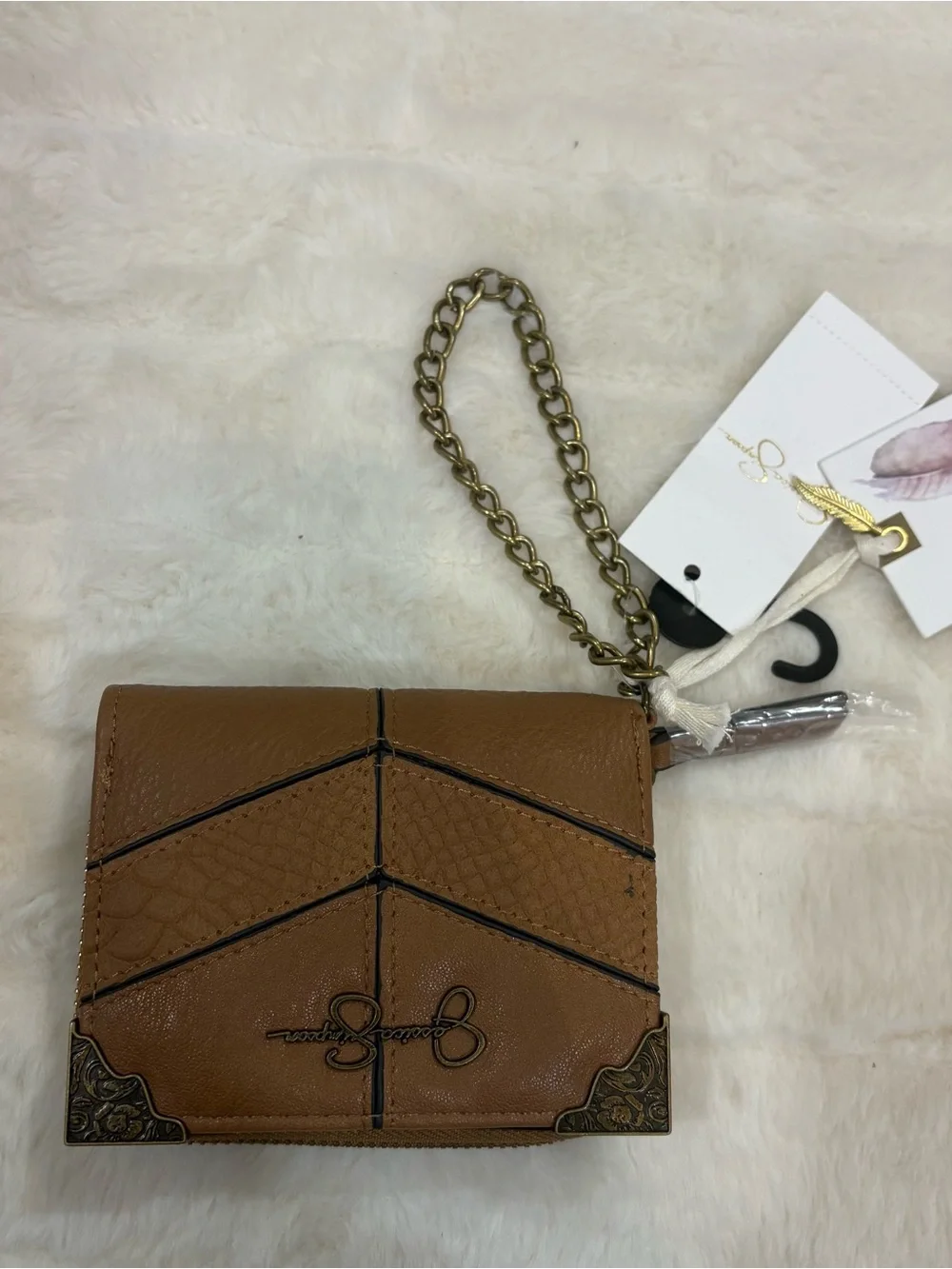 Jessica Simpson Brown Chevron Leather Wristlet with Chain Strap